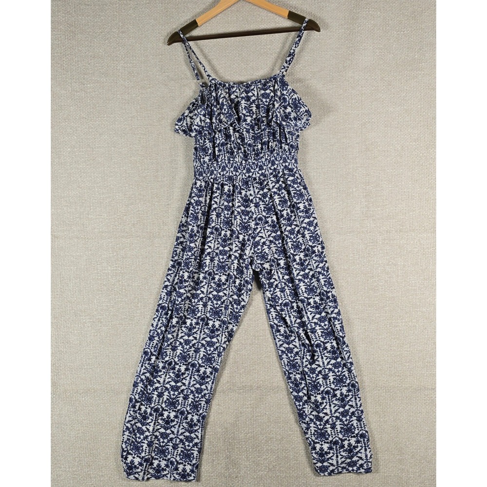 Kori America Blue White Floral Damask Wide Leg Jumpsuit Womens Size Medium